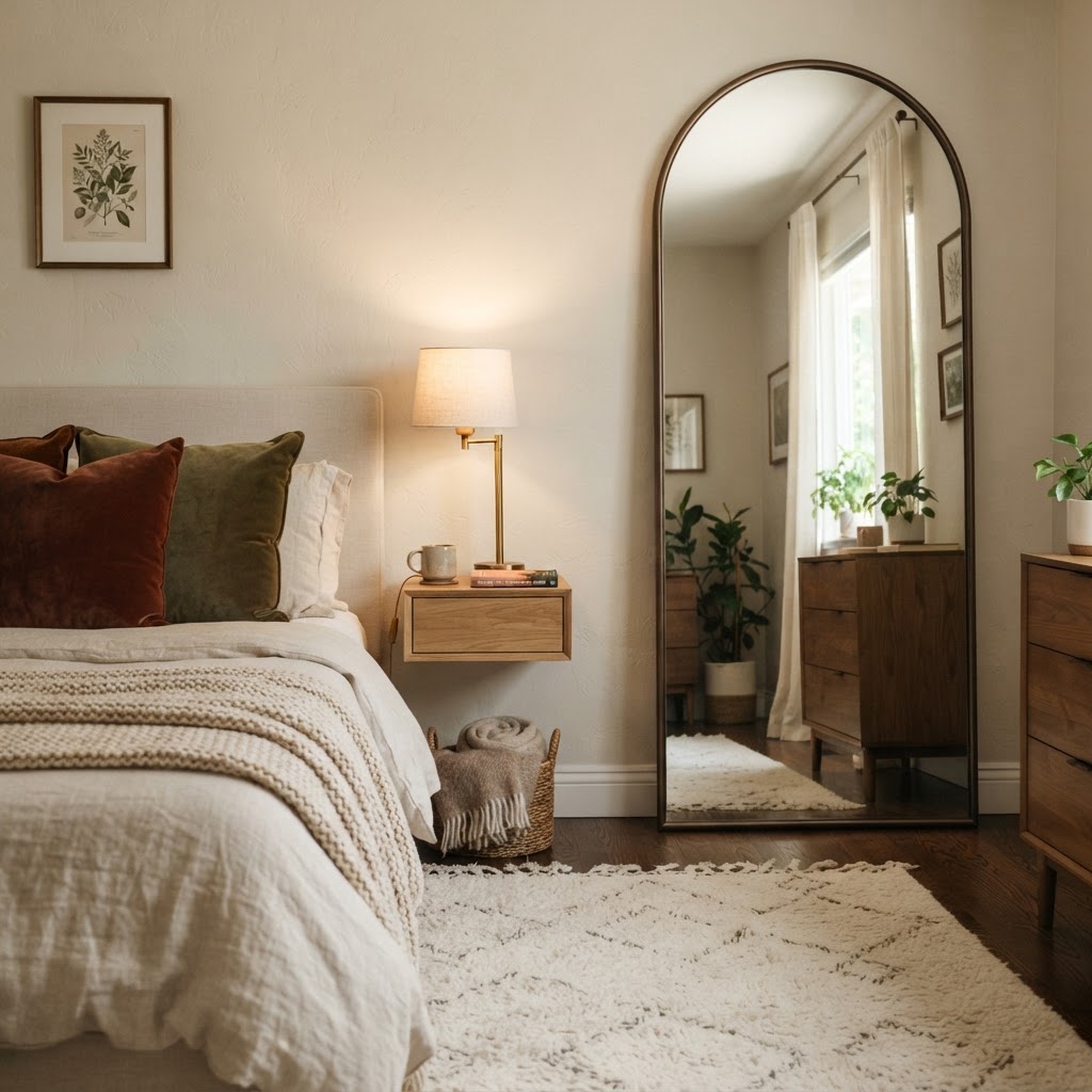 Layered lighting creates a cozy sanctuary atmosphere.