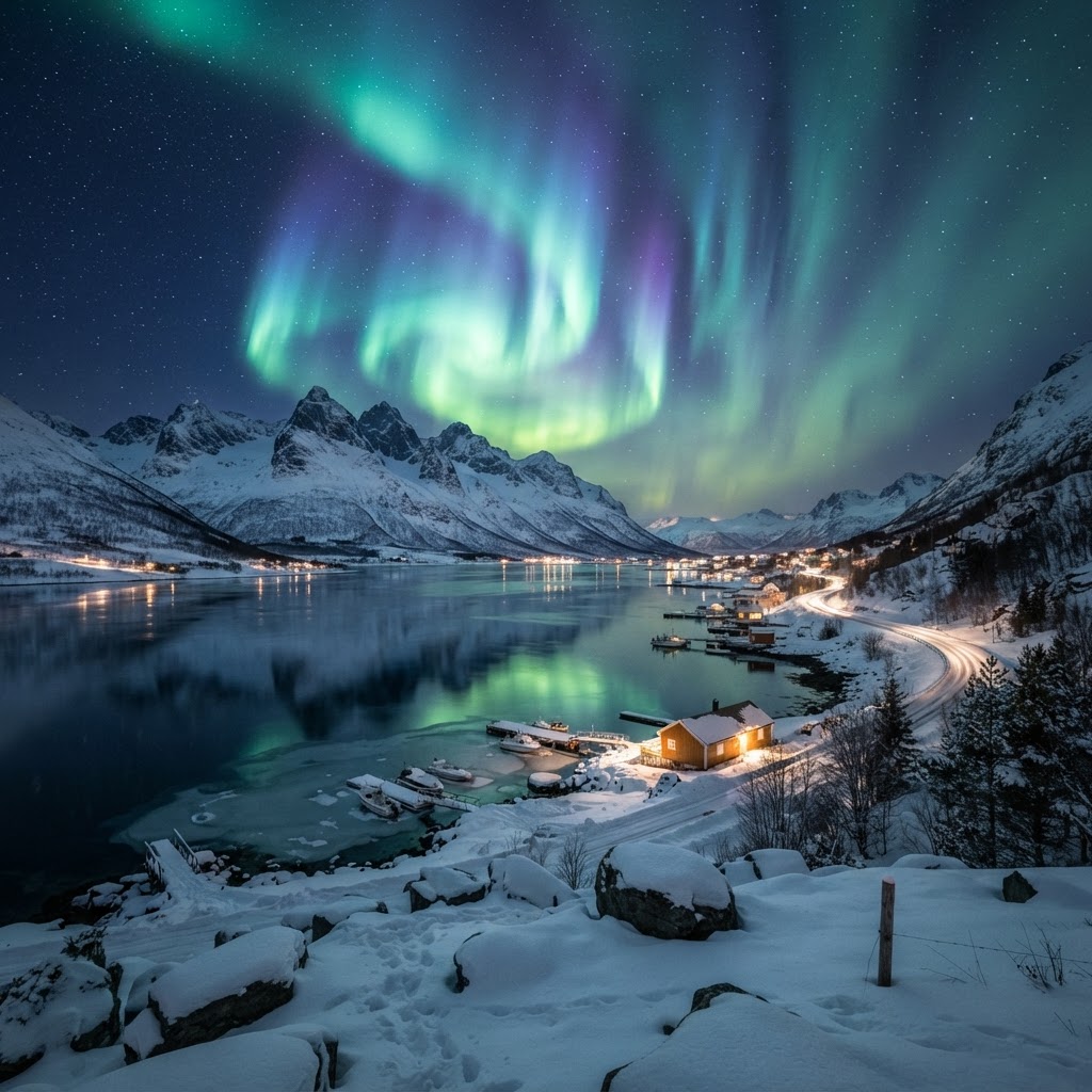 The vibrant green lights dancing over the fjords in Tromso, Norway.