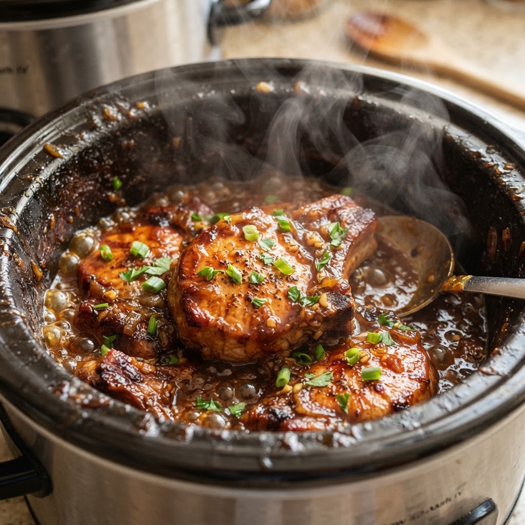 Glazed honey garlic pork chops prepared in a slow cooker.