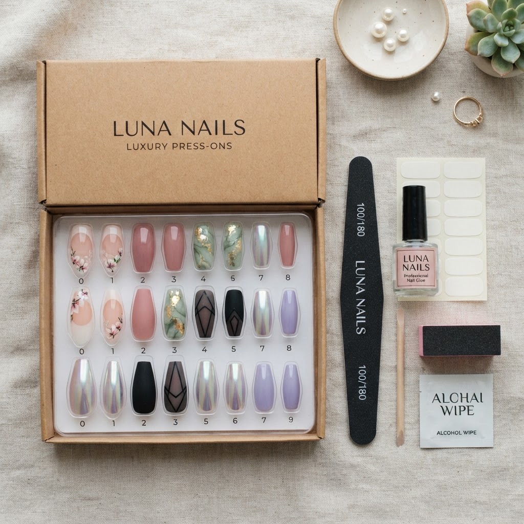 A complete custom press-on nail kit ready for your next manicure.
