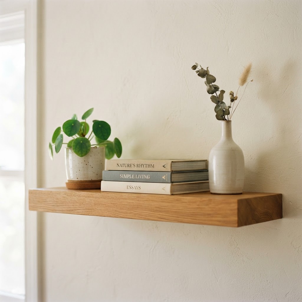 Floating shelves are a perfect way to add storage without floor space.