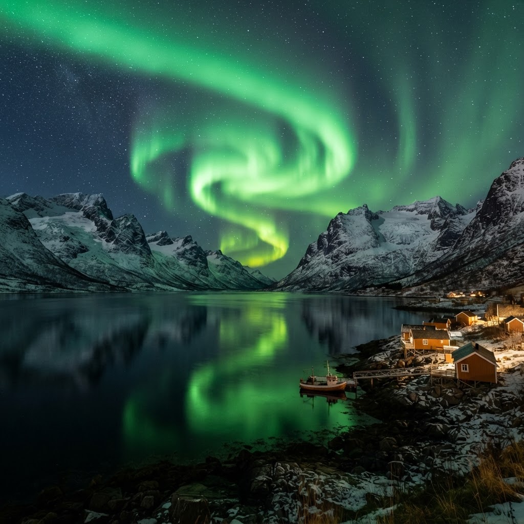 The aurora borealis illuminating the dark waters of a Norwegian fjord.