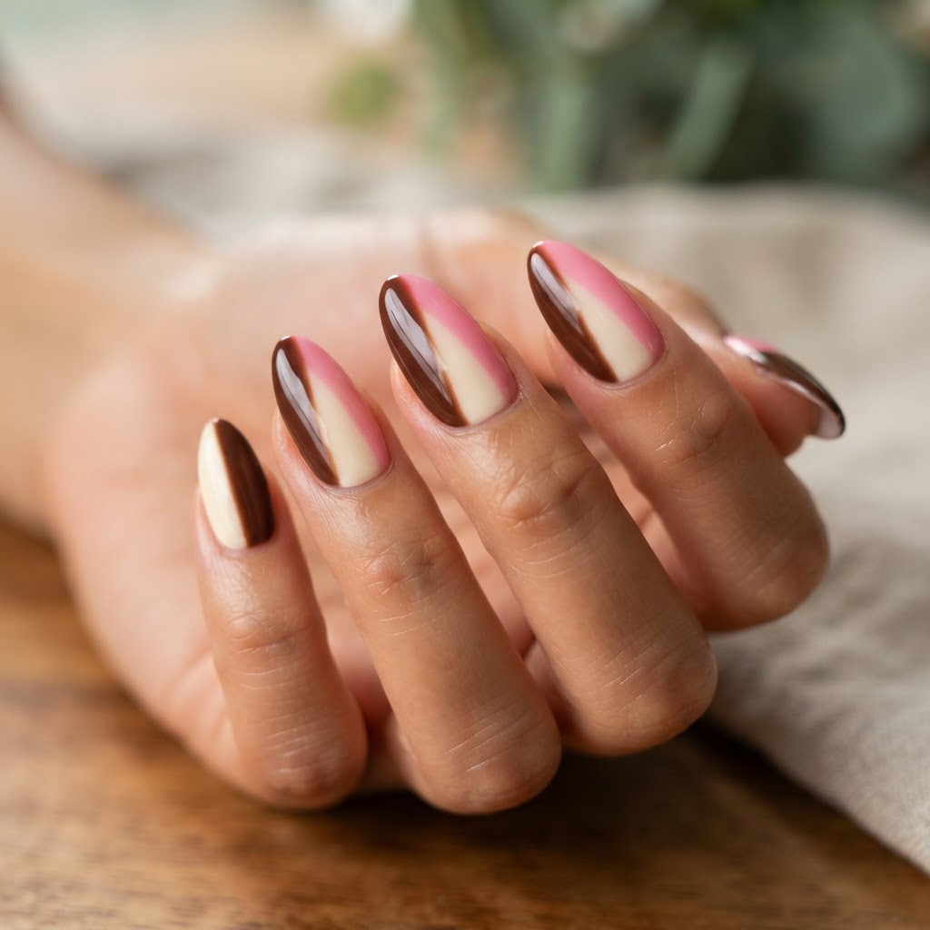 Neapolitan press on nails in chocolate, vanilla, and strawberry shades.