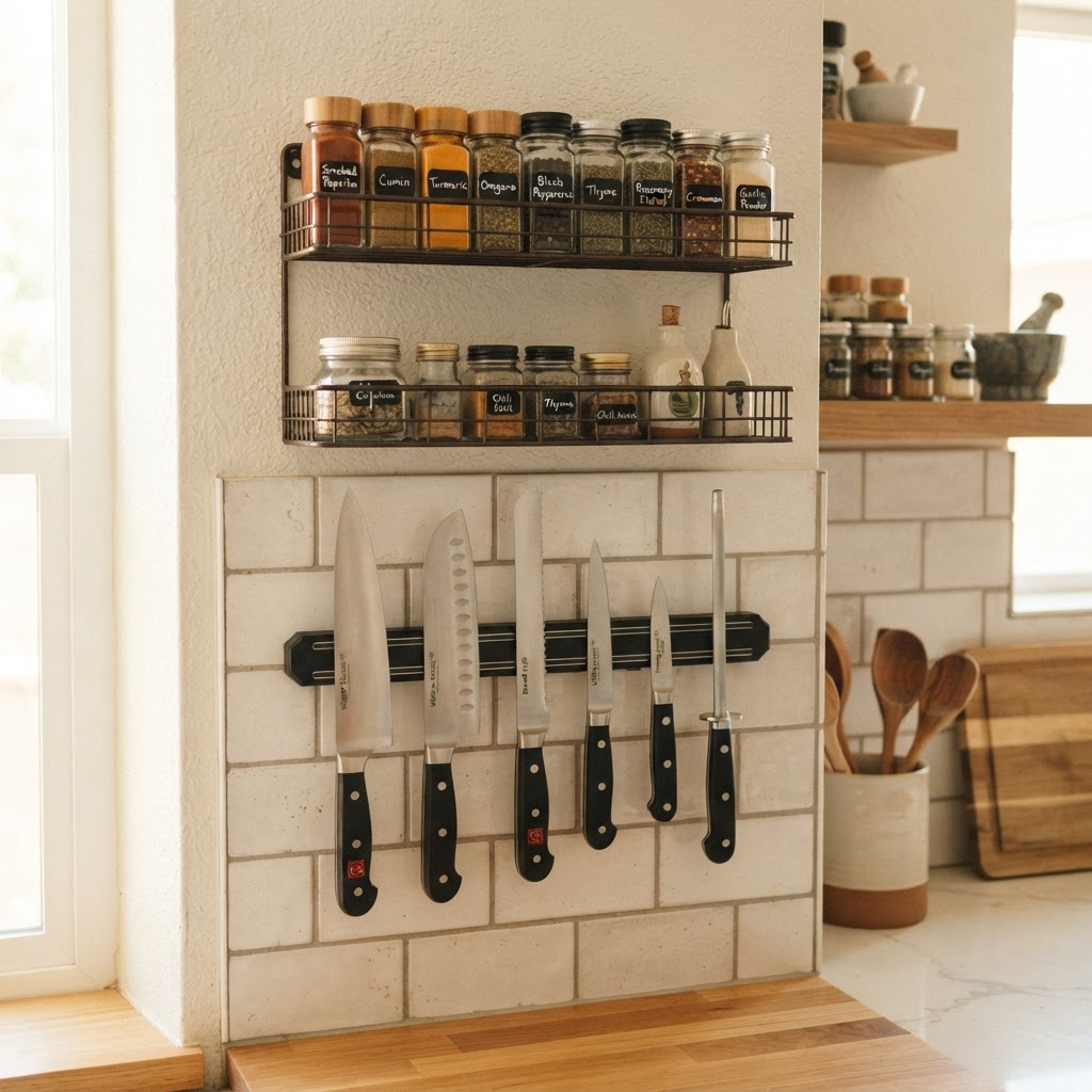 Magnetic strips free up precious drawer space in small kitchens.