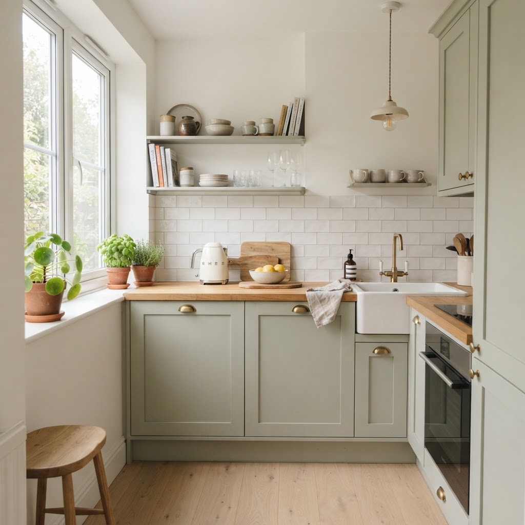 Soft sage green cabinets add warmth to a small Nordic-inspired kitchen.