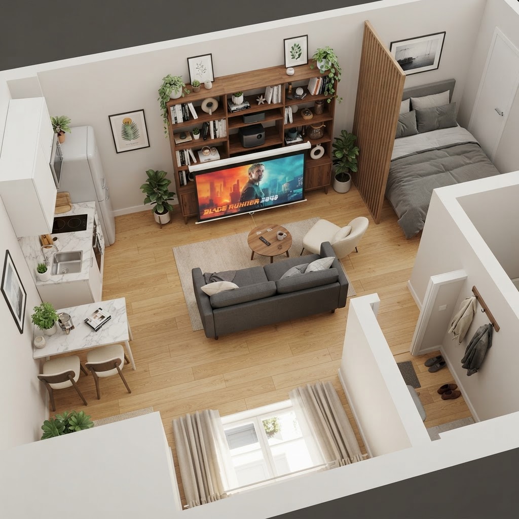 Floor-based projector screens offer versatility for small studio layouts.
