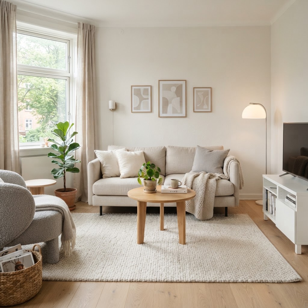 A neutral, bright living space shows how a well-placed rug can define a room.