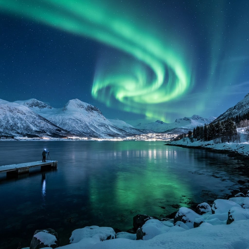 Chasing the Aurora in Tromsø: A Complete Guide 2 The magical green glow of the aurora dancing over the Arctic landscape.