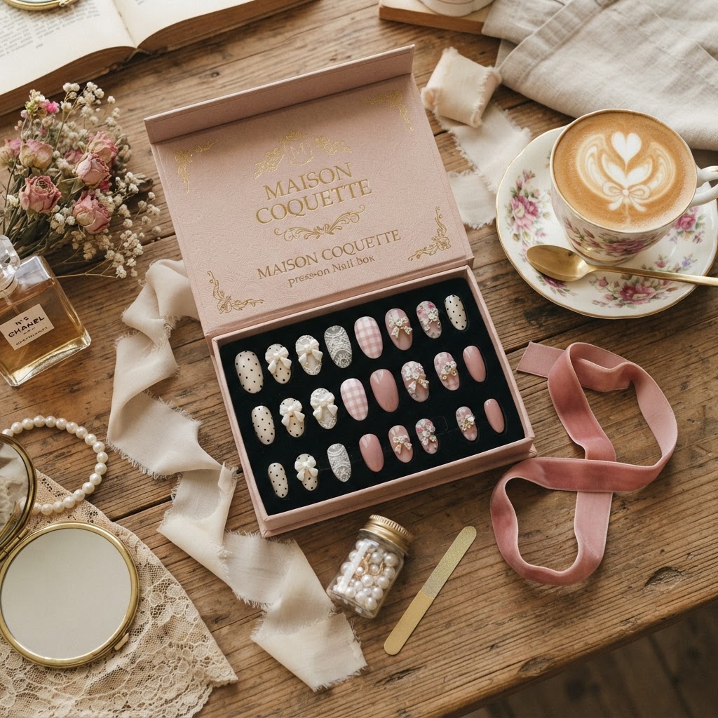 Luxury press-on nail kit set with accessories.