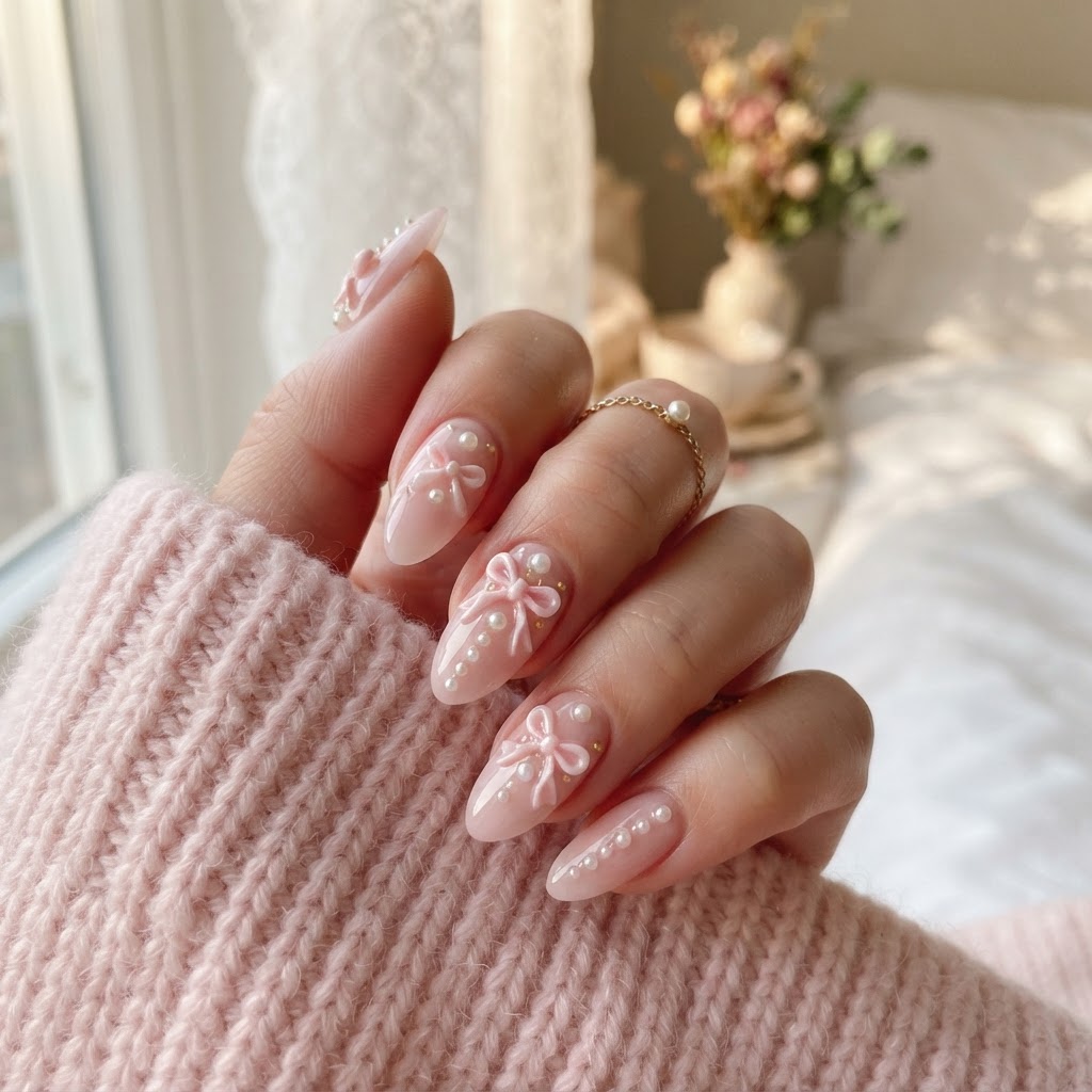 Delicate coquette bow press-on nails with pearl accents.