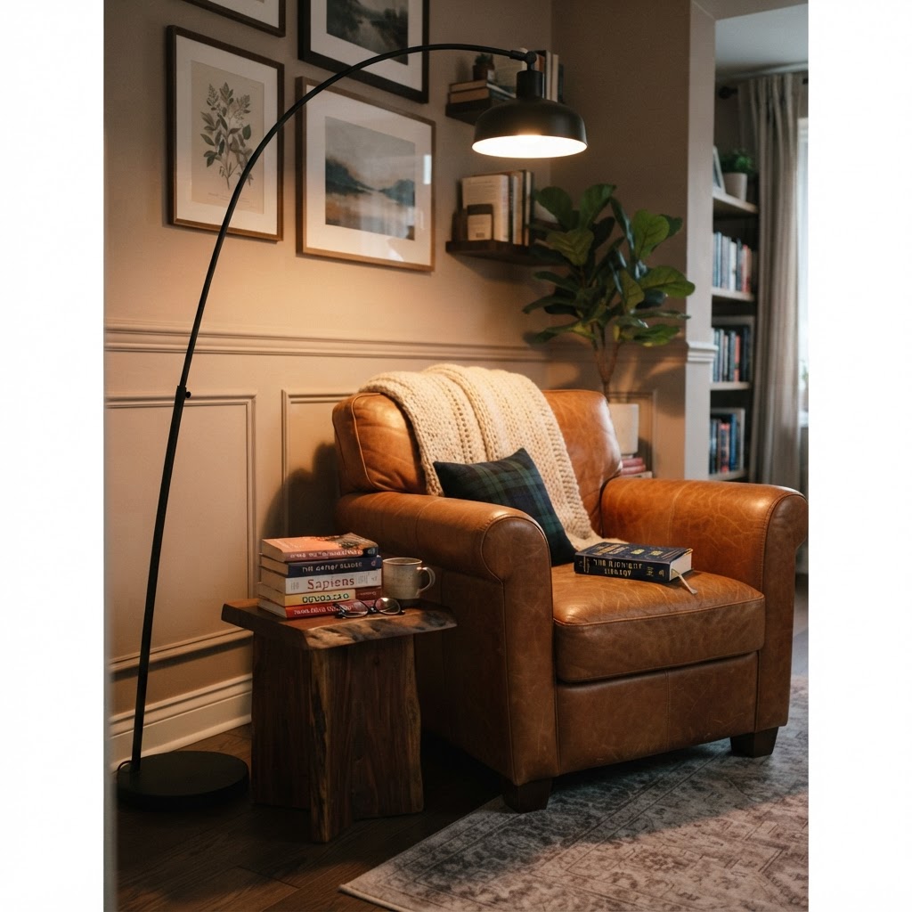 Arc floor lamps are perfect for creating a functional reading nook.
