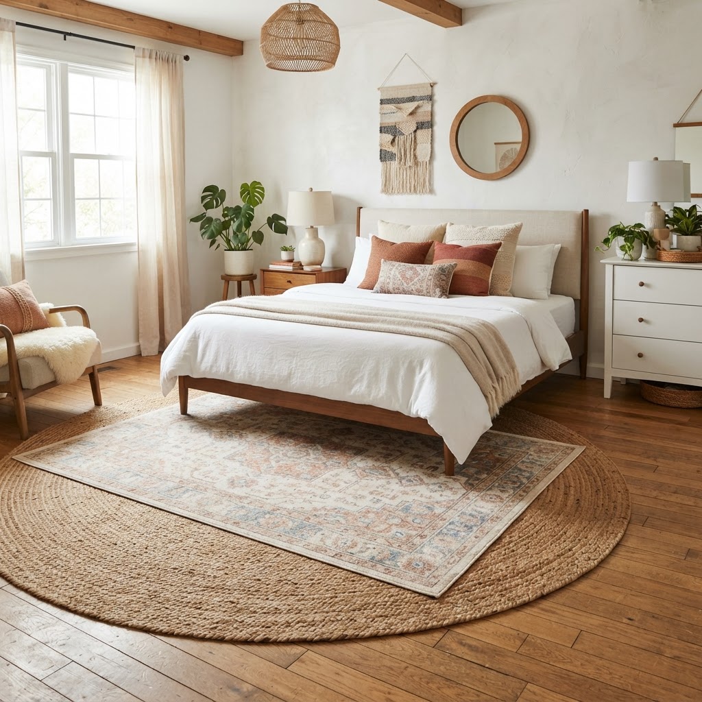 Layering area rugs adds warmth and covers unattractive flooring effortlessly.