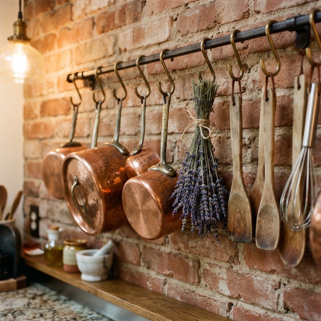 Clever wall storage using hanging copper pots and dried herbs.