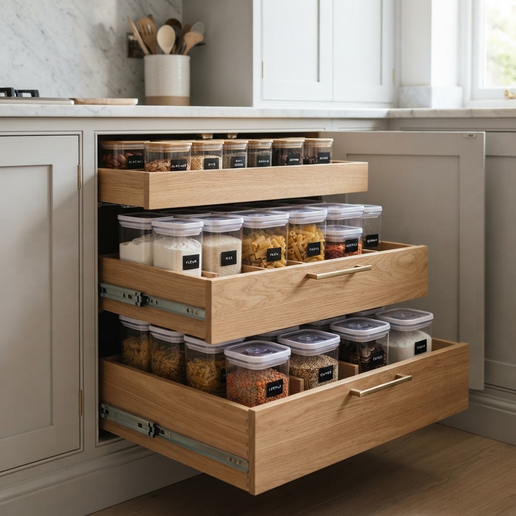 Clear containers inside pull-out drawers maximize every inch of cabinet space.