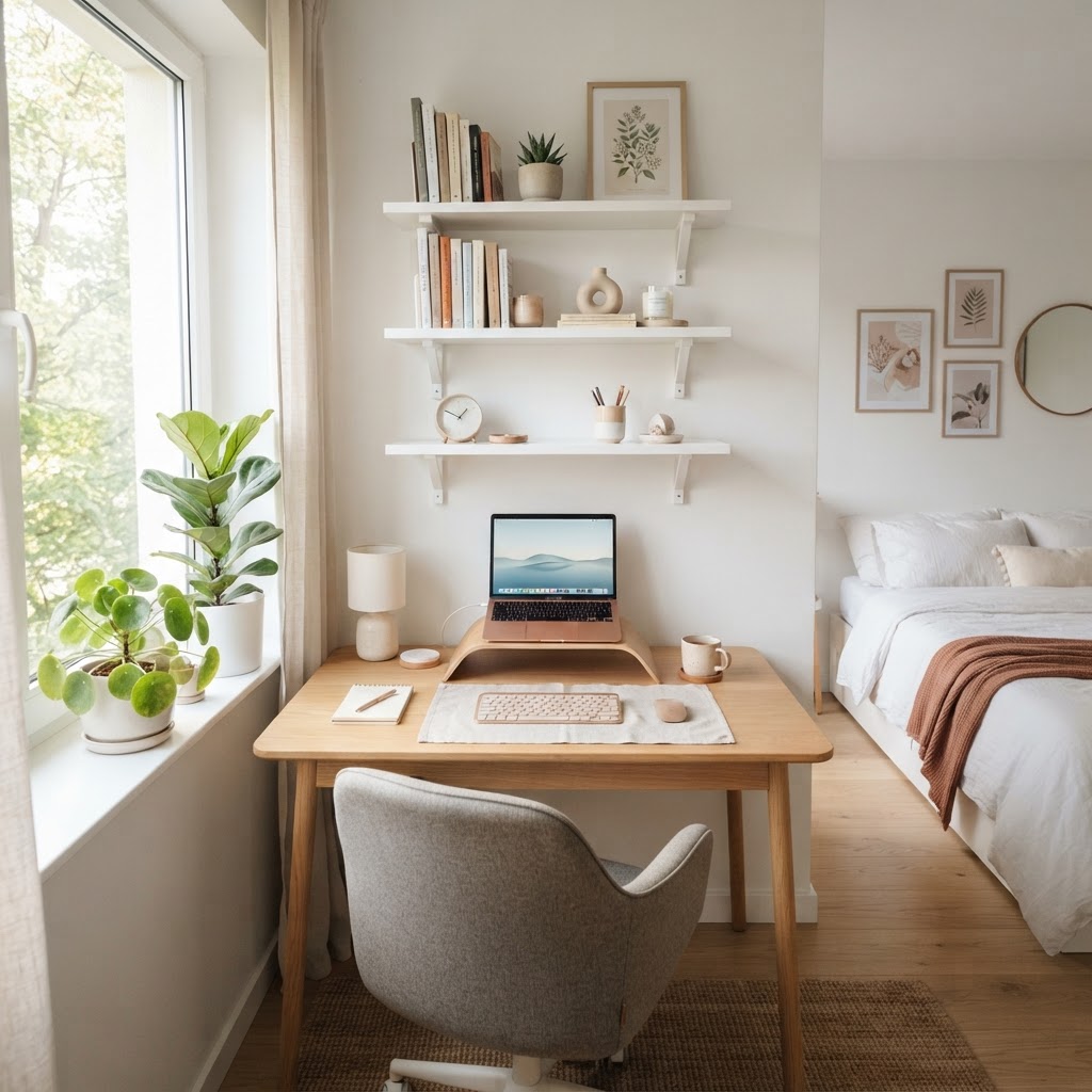 Wall-mounted shelves keep the floor clear and the room open.