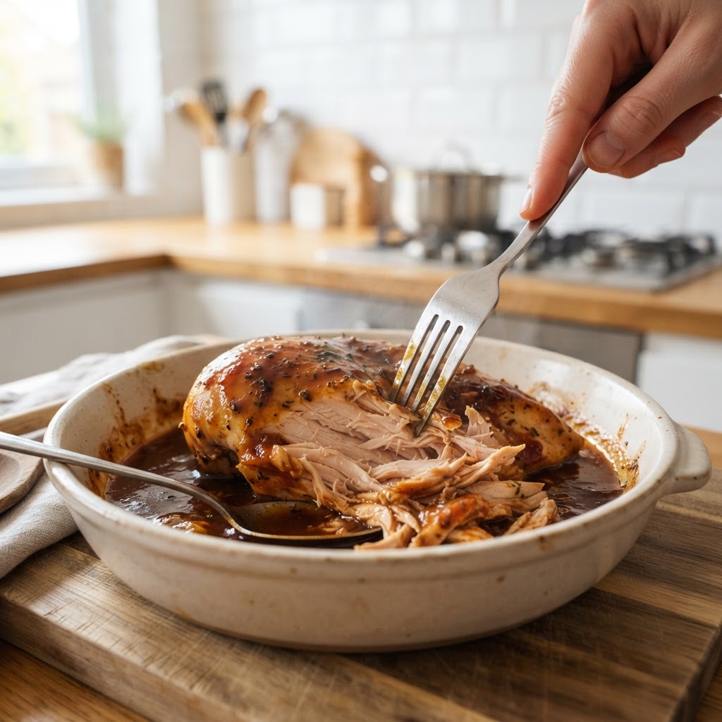 Checking the tender, juicy texture of the finished slow cooker chicken.