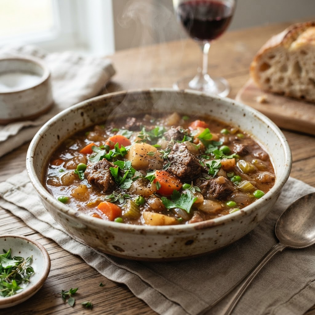 A hearty bowl of homemade beef stew, perfect for chilly evenings.