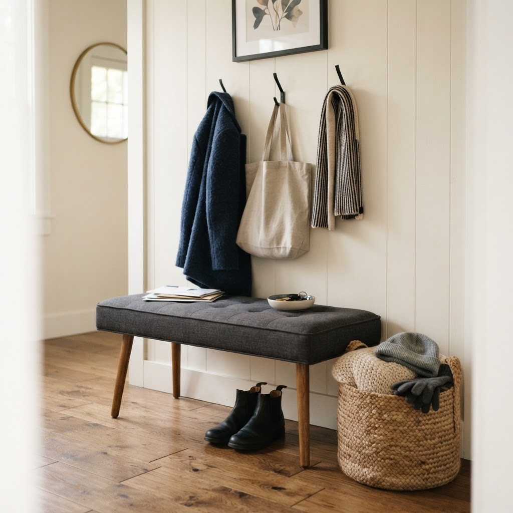 Combining a slim bench with wall hooks creates a perfect landing zone.