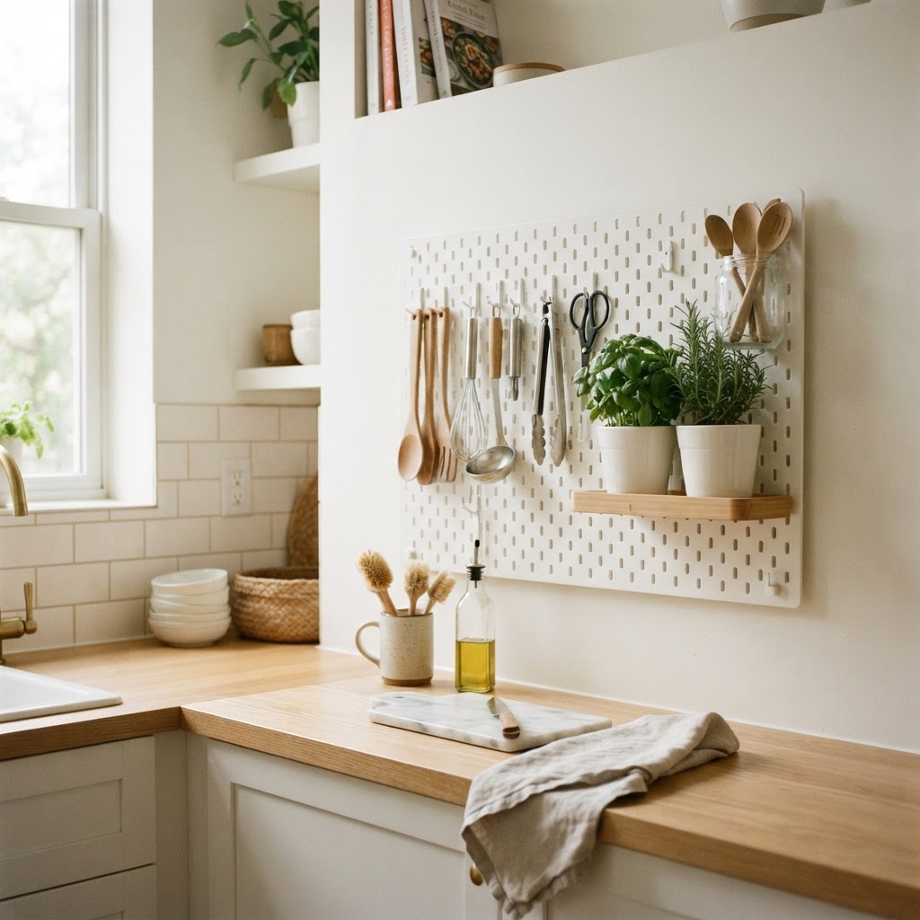 A temporary pegboard provides essential vertical storage for tight rental spaces.