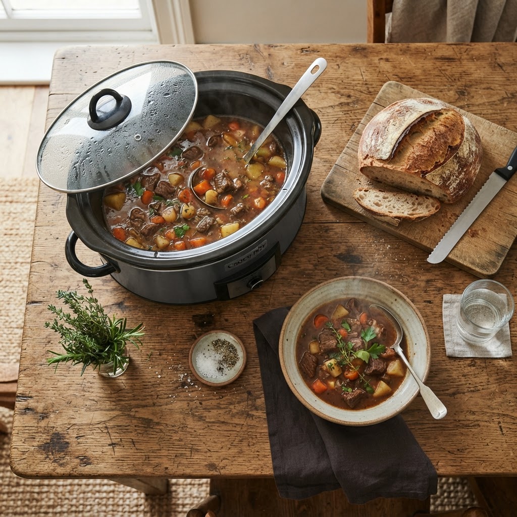 A cozy, complete dinner setup with a hearty bowl of beef stew and fresh bread.