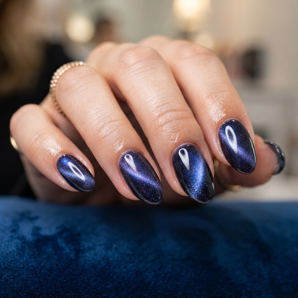 Stunning magnetic cat-eye nails achieved at home.