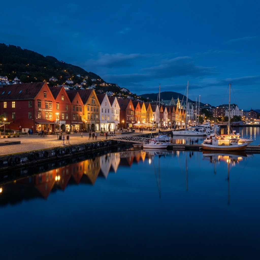 A tranquil night view of the harbor, where time seems to stand still.