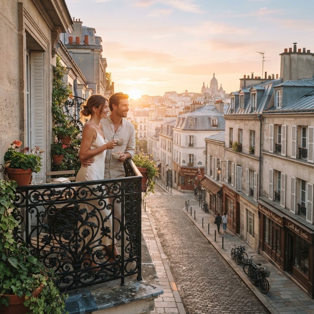 The iconic sunrise over Parisian rooftops.