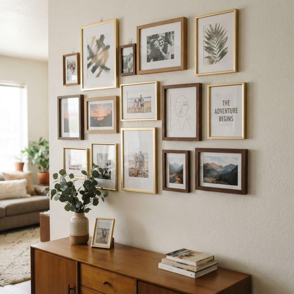 Gallery walls add personal style without damaging rental walls.