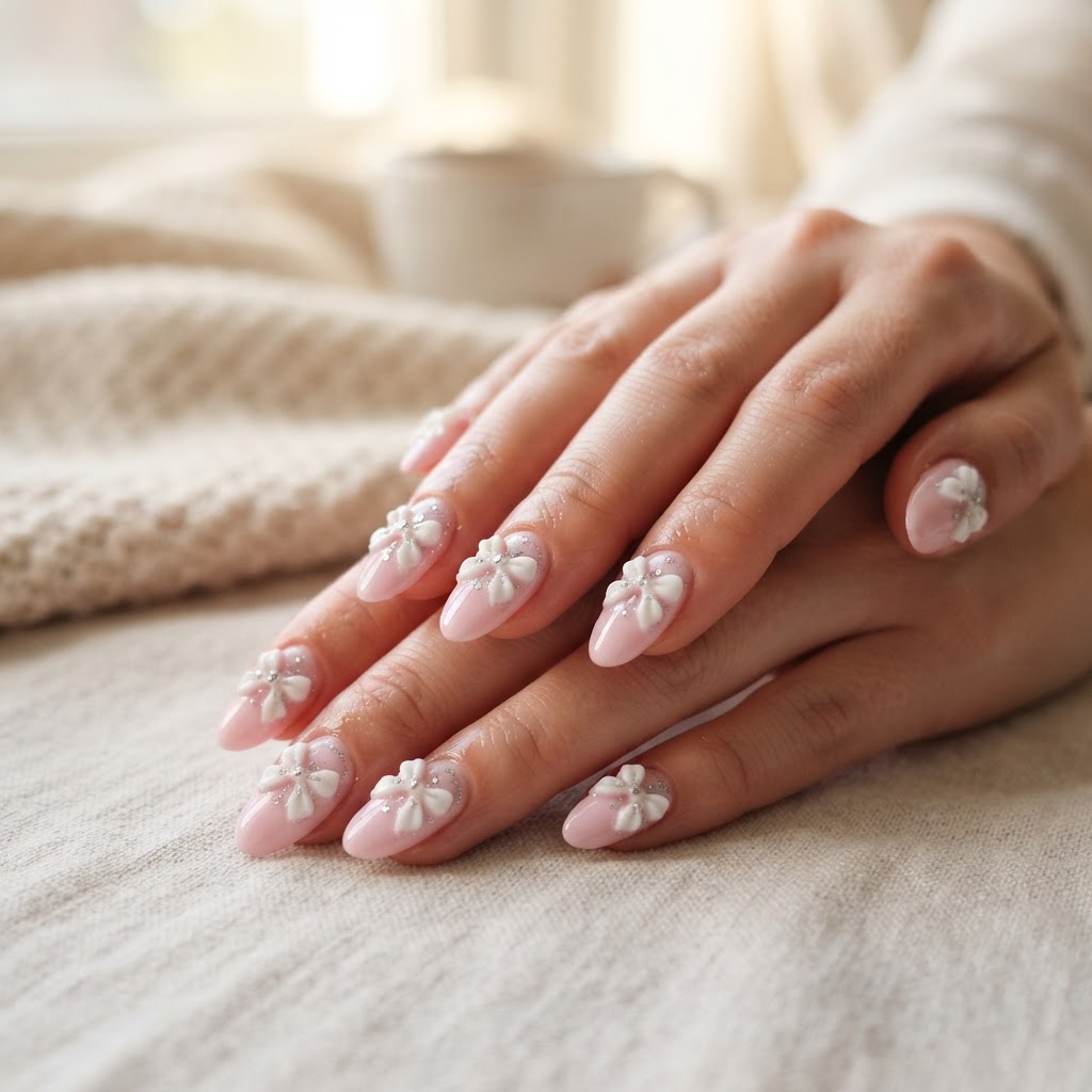 Cute pastel pink press-on nails with bow details.