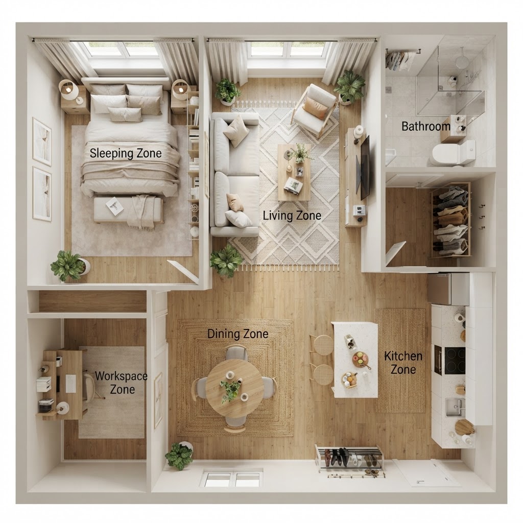 Area rugs are a simple, effective tool for defining different functions in an open layout.