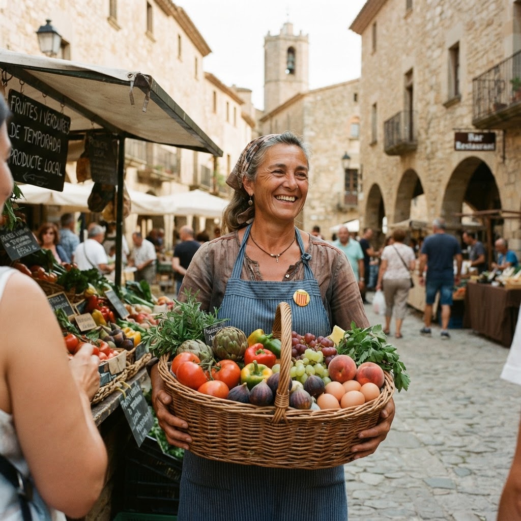 Local farmers taking pride in their fresh harvests at a bustling market in Girona.