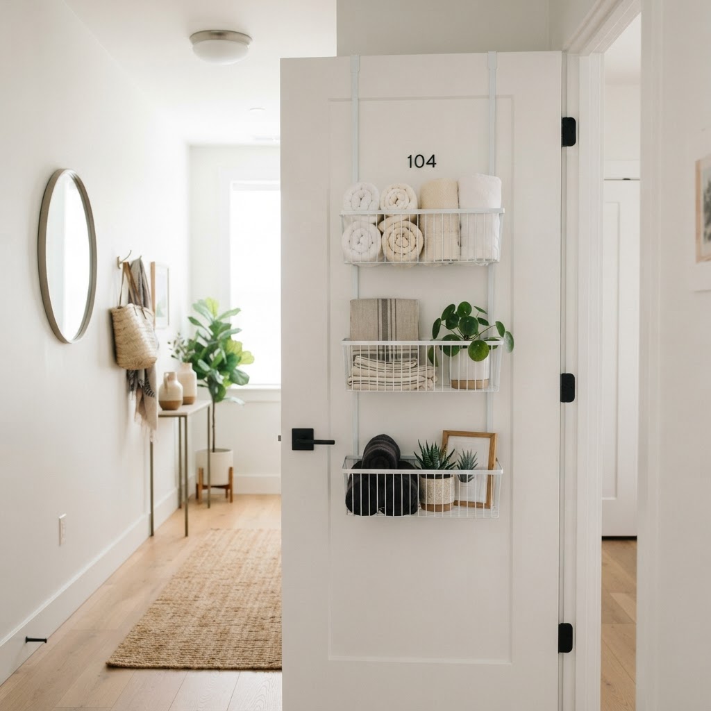 An organized entryway door using wire baskets to maximize vertical storage.