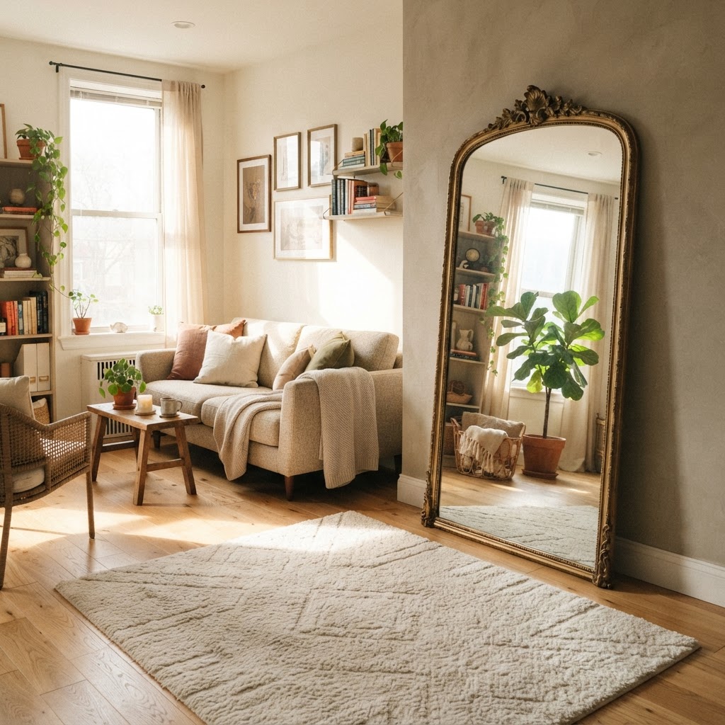 Use a large floor mirror to expand your small space visually.