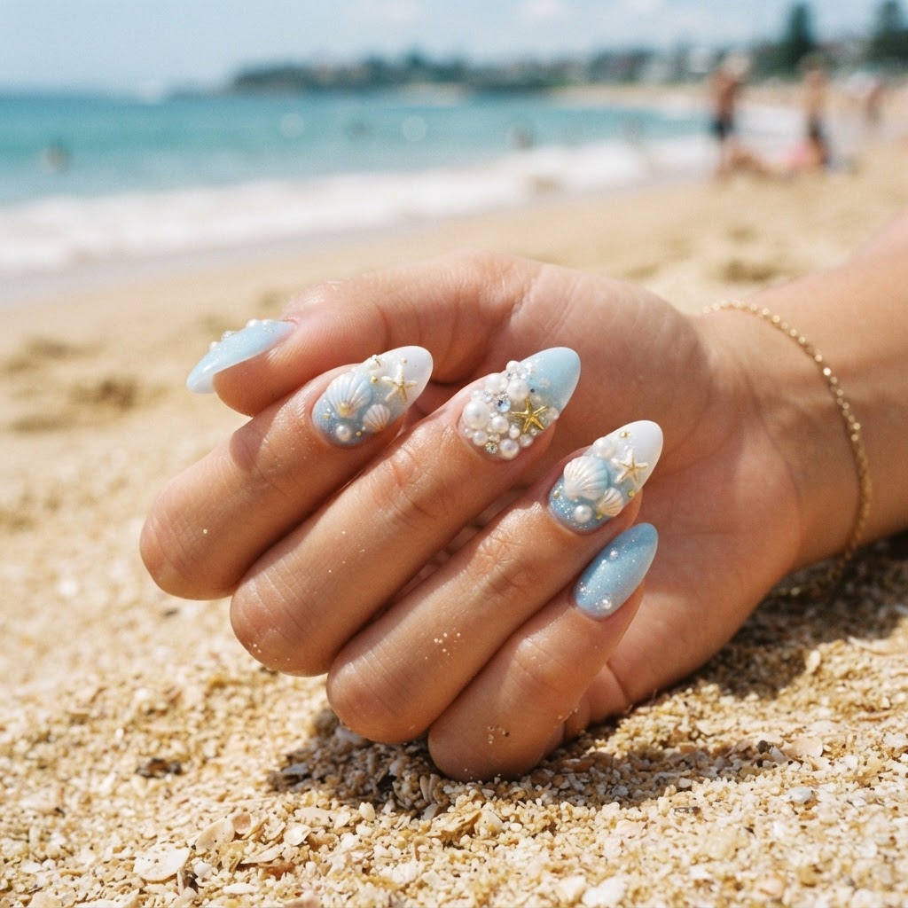 Trendy beach-inspired 3D nail design perfect for summer.