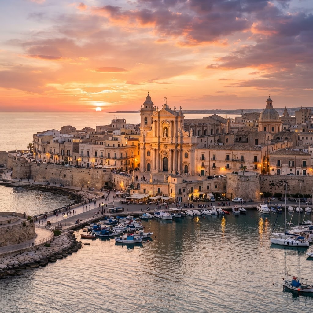 The romantic sunset light reflecting over Ortigia in Siracusa.