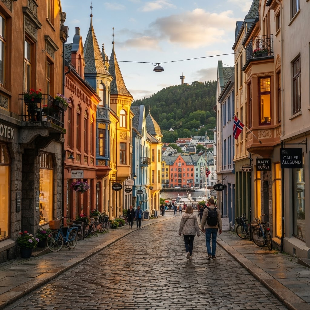 Walking through the historic, colorful streets of Ålesund.