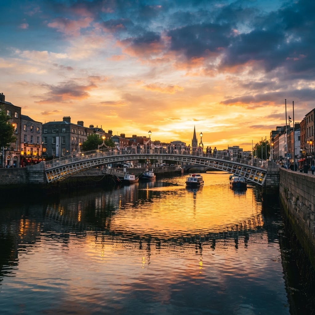 The iconic Ha'penny Bridge in Dublin at sunset.