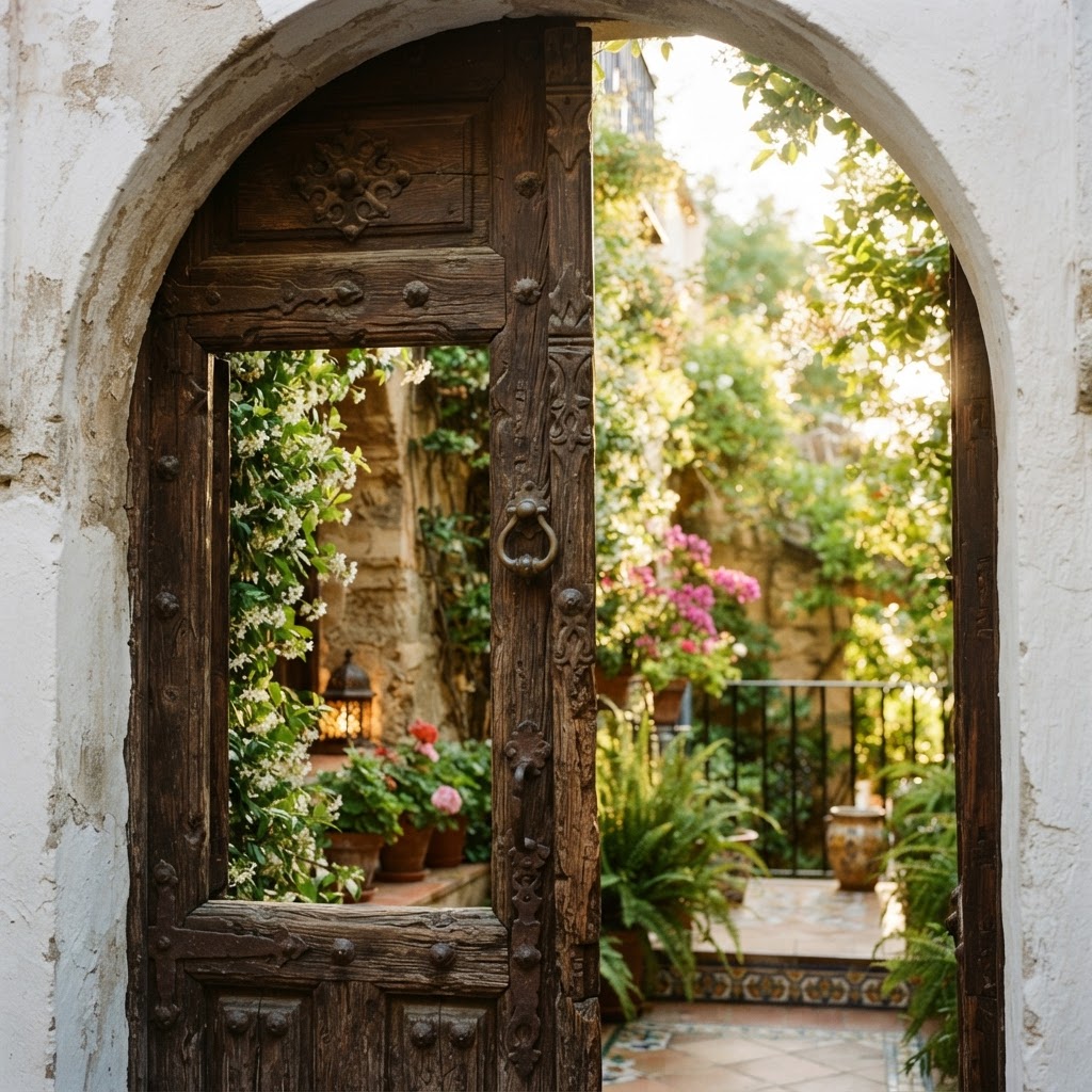 A peek through a historic wooden door into a secret garden.