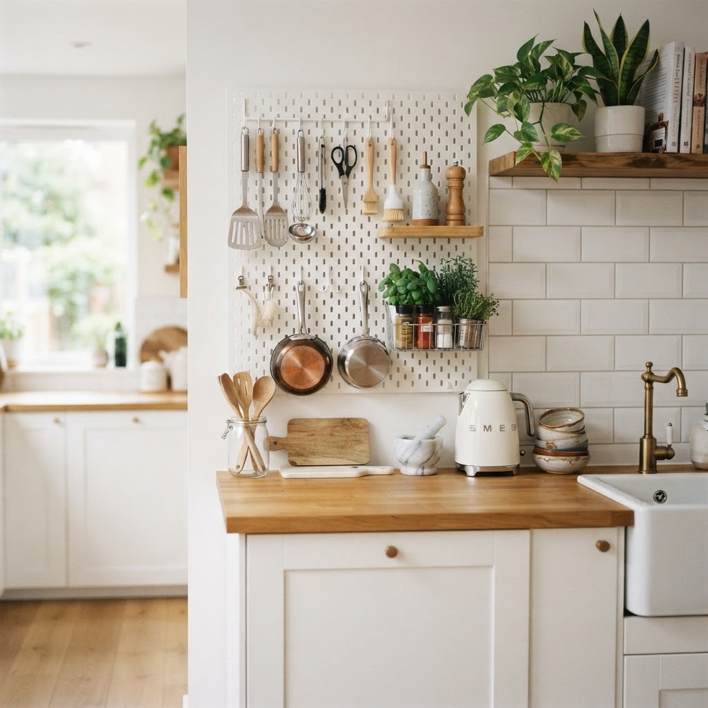 A pegboard system keeps kitchen tools accessible and organized.