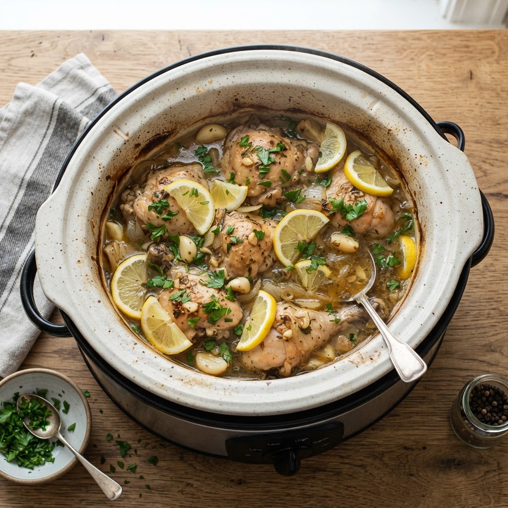 Perfectly cooked lemon garlic slow cooker chicken ready to serve.