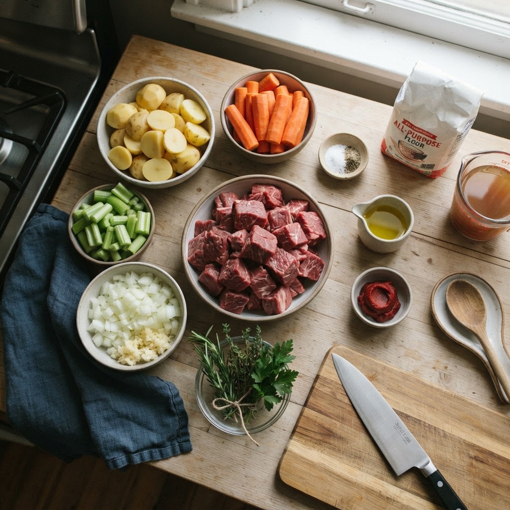 Gather your fresh ingredients for the best beef stew.