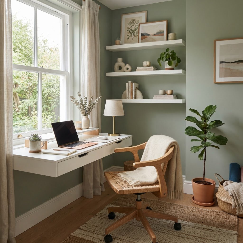 Sage green is an excellent color choice for small offices to encourage calm and focus.