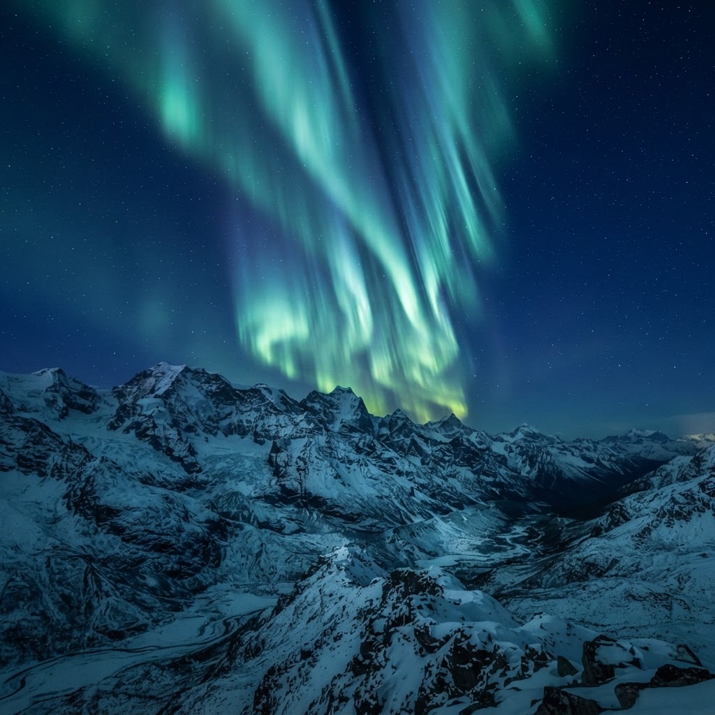 The way the aurora reaches down toward the mountains makes it feel reachable.
