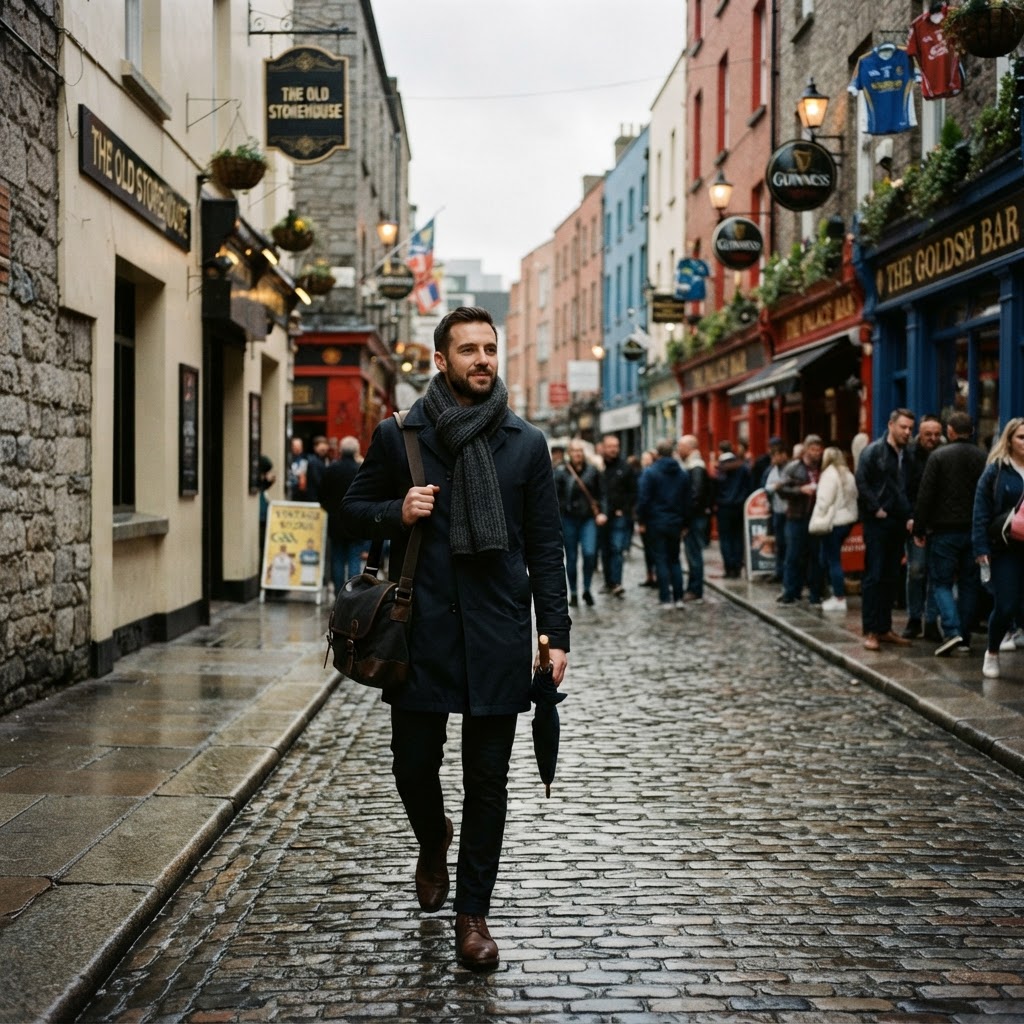 A classic, waterproof mac coat is perfect for navigating both city streets and coastal walks.