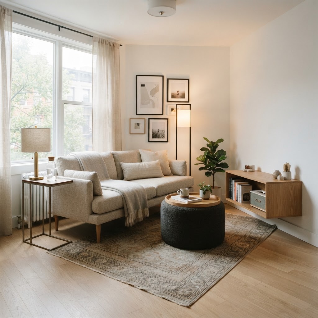Multi-functional furniture is the secret to a clutter-free small living area.