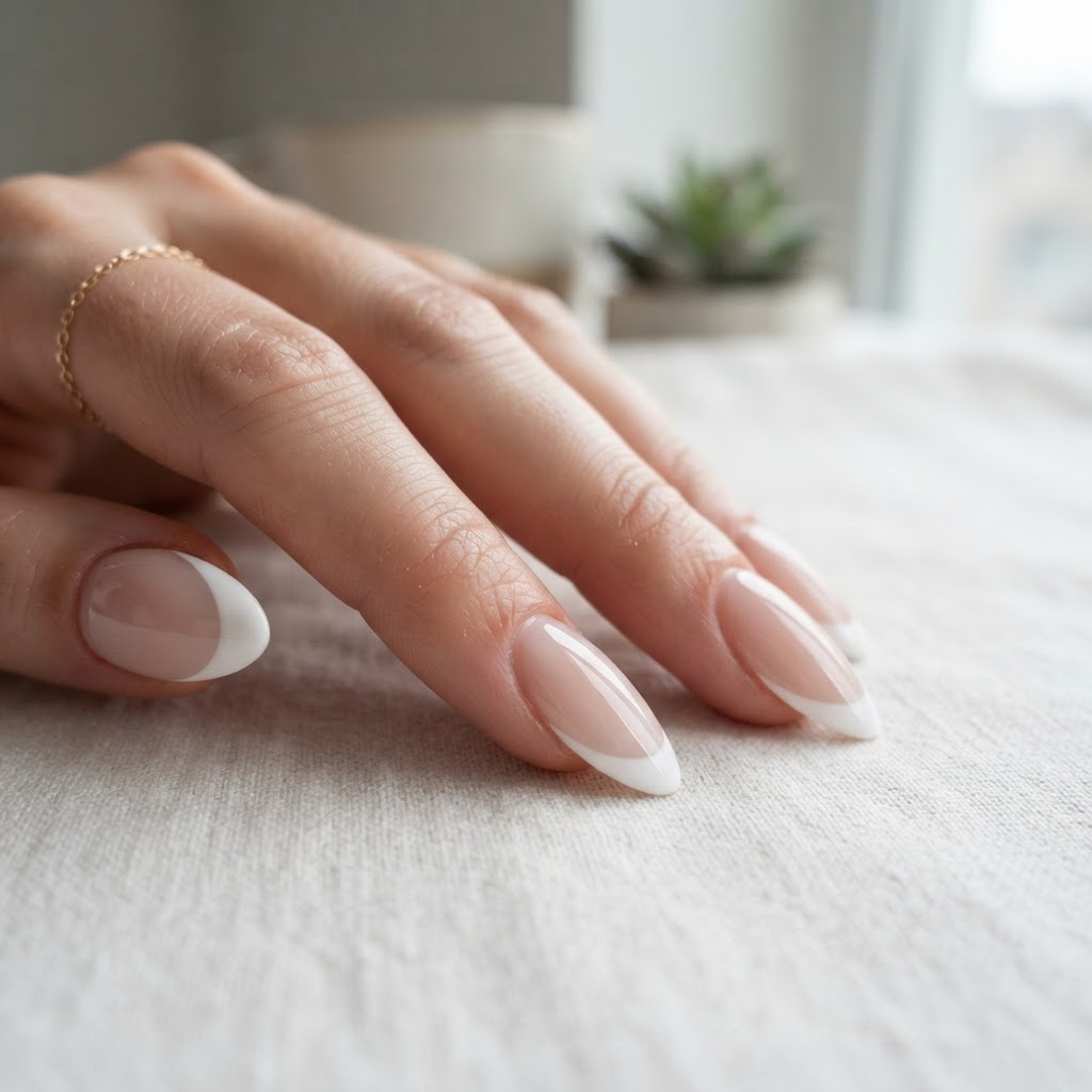 Elegant almond-shaped french tip press-on nails.