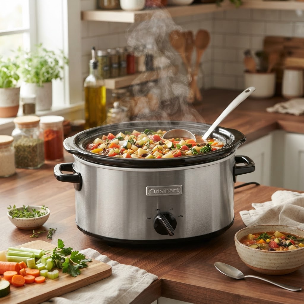 Fresh vegetables cooking in a slow cooker.