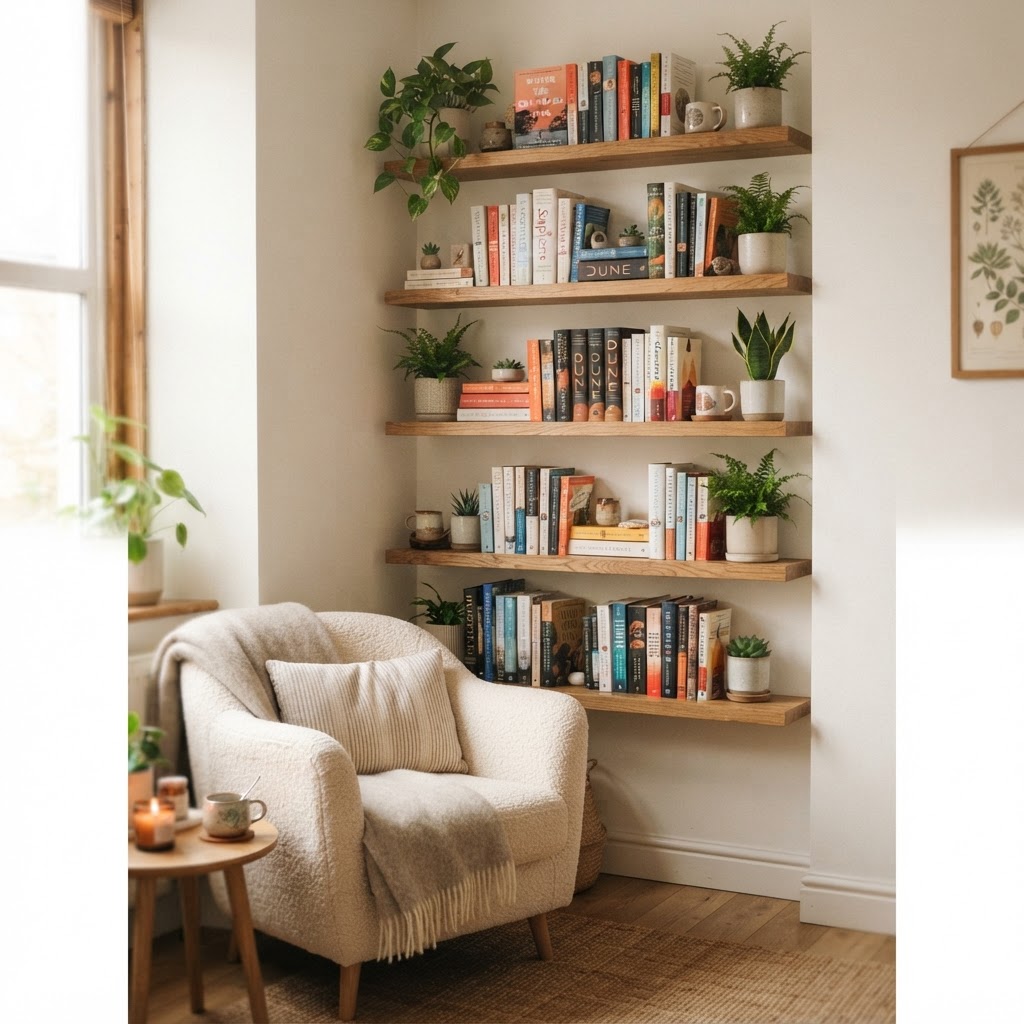 Floating shelves keep the floor clear and organized.