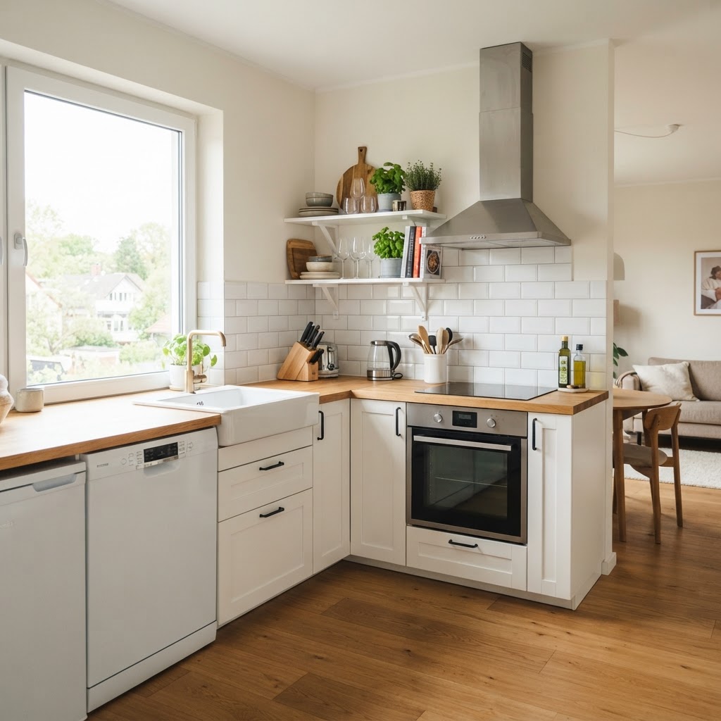 Bright colors and clean lines make this small kitchen feel much larger.