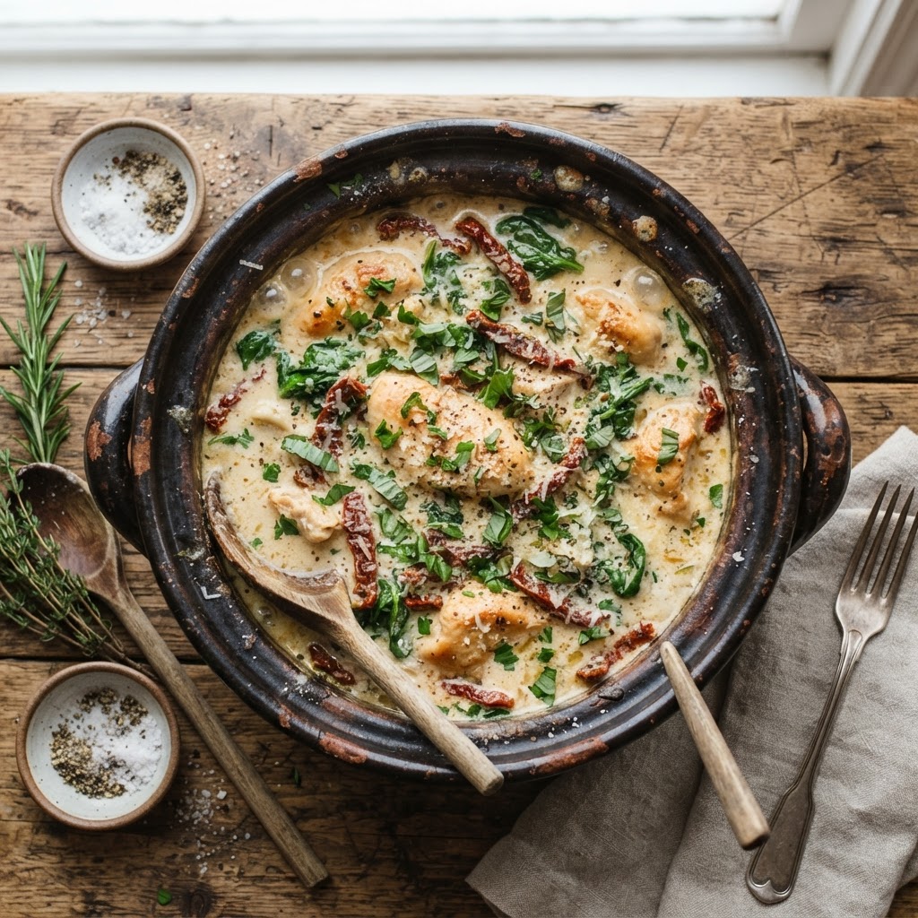 The Marry Me Chicken Crock Pot recipe coming to life in a slow cooker.